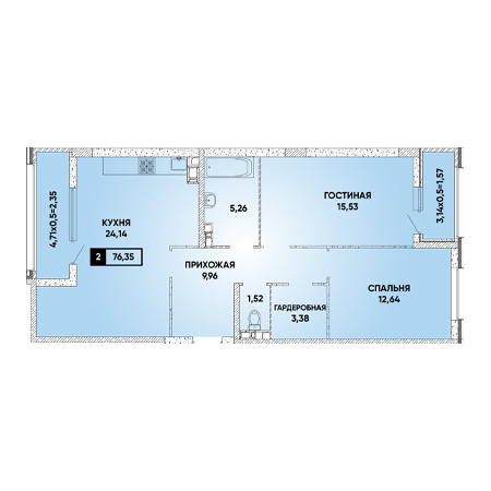 2 комнатная 76.35м²