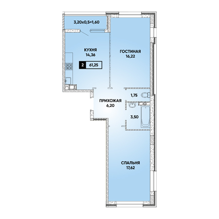 2 комнатная 61.25м²