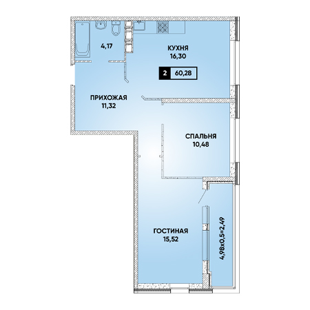 2 комнатная 60.28м²