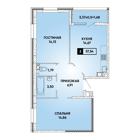 2 комнатная 57.54м²