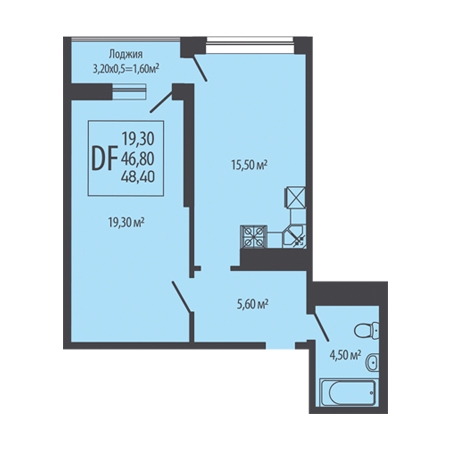 1 комнатная 48.4м²