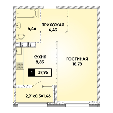 1 комнатная 37.96м²