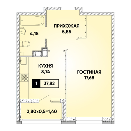 1 комнатная 37.82м²