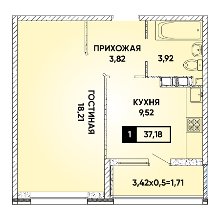 1 комнатная 37.18м²