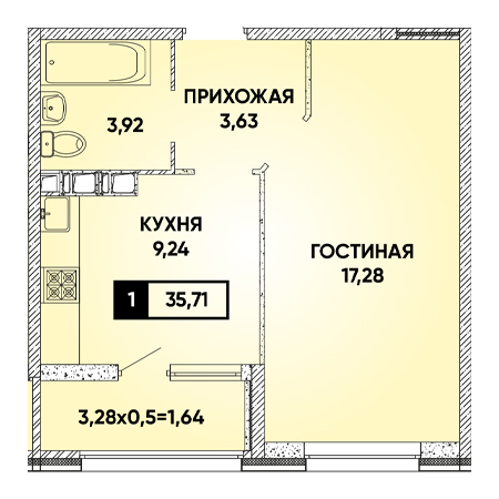 1 комнатная 35.71м²