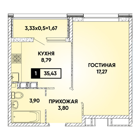 1 комнатная 35.43м²