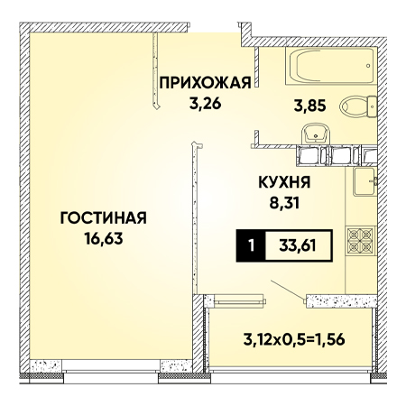 1 комнатная 33.61м²