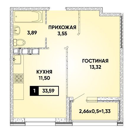 1 комнатная 33.59м²