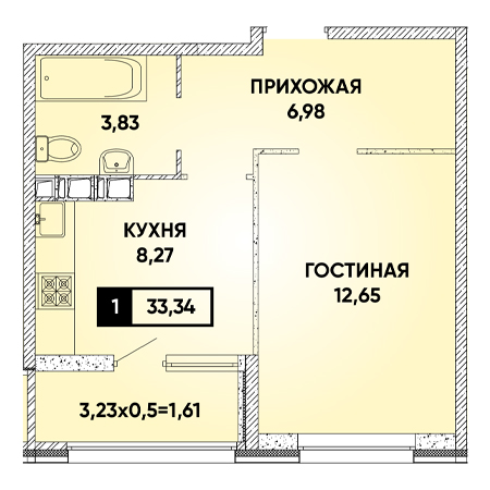 1 комнатная 33.34м²