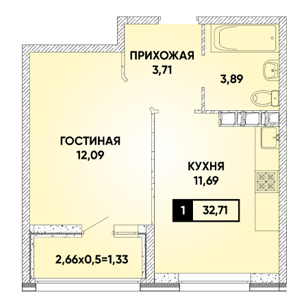 1 комнатная 32.71м²