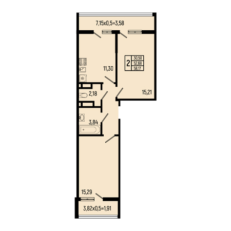 2 комнатная 58.17м²