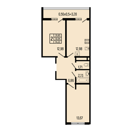 2 комнатная 54.22м²