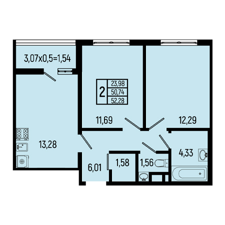 2 комнатная 52.28м²