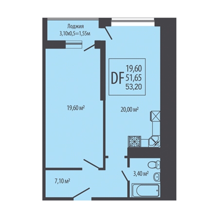 1 комнатная 53.2м²