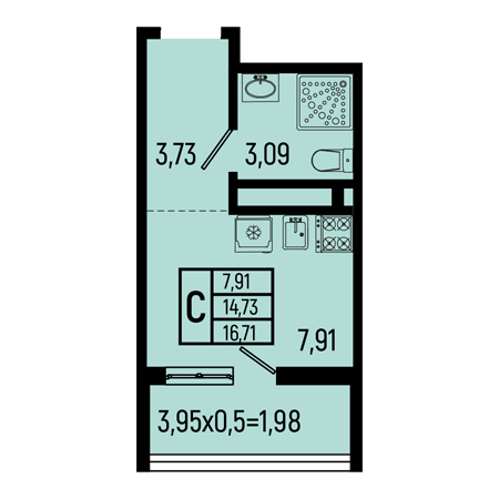 Студия 16.71м²