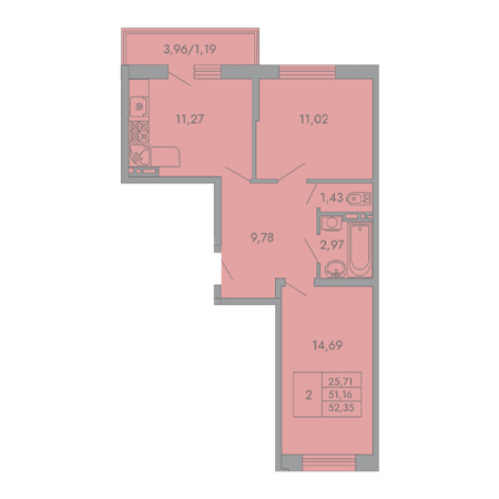 2 комнатная 52.35м²