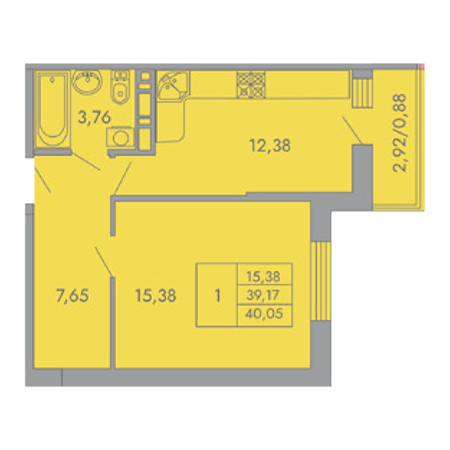 1 комнатная 40.05м²