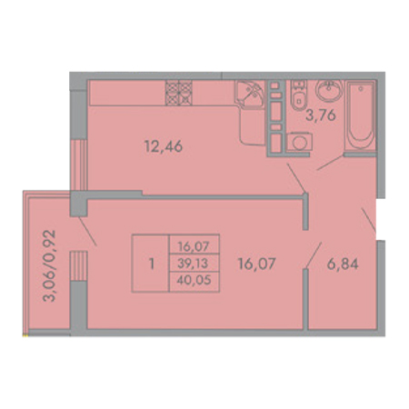 1 комнатная 40.05м²