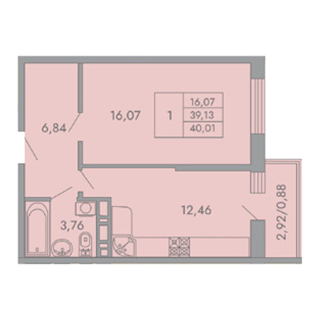 1 комнатная 40.01м²