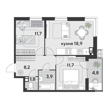 2 комнатная 61м²