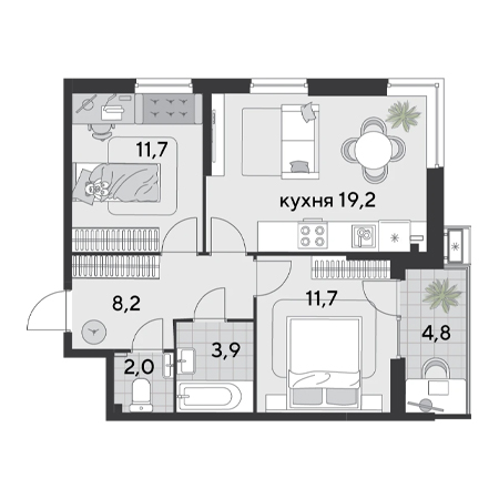 2 комнатная 61.6м²