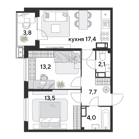 2 комнатная 61.7м²