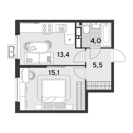 1 комнатная 38м²