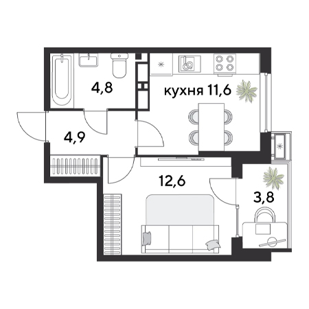 1 комнатная 37.7м²