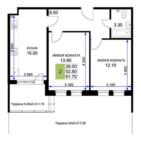 2 комнатная 61.7м²