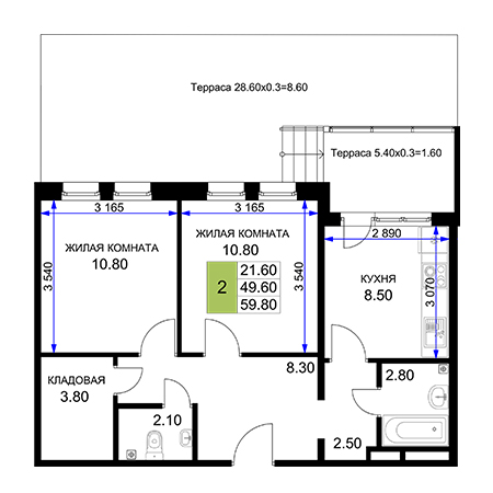 2 комнатная 59.8м²