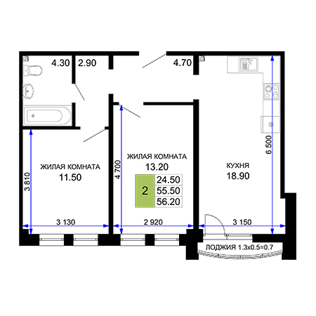 2 комнатная 56.2м²