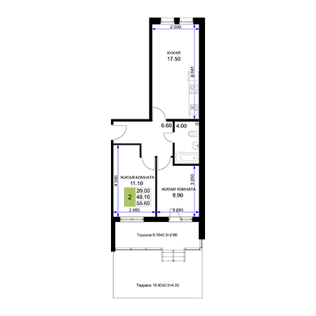 2 комнатная 55.6м²