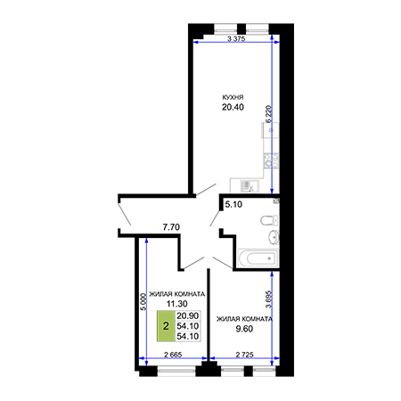 2 комнатная 54.1м²