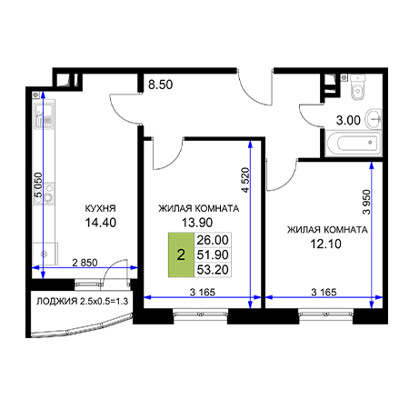 2 комнатная 53.2м²