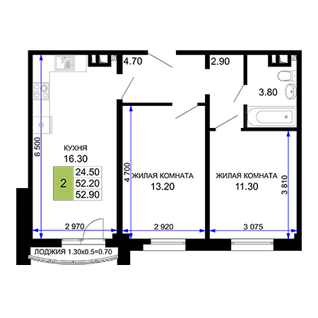 2 комнатная 52.9м²