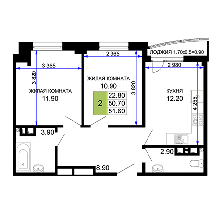 2 комнатная 51.6м²