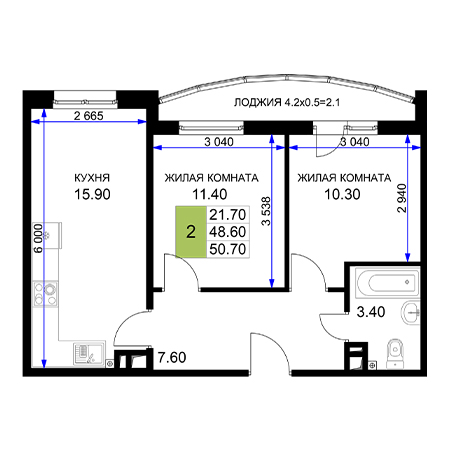 2 комнатная 50.7м²