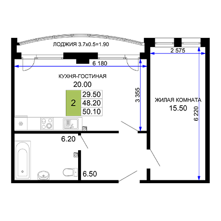 2 комнатная 50.1м²