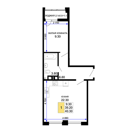 1 комнатная 40.3м²