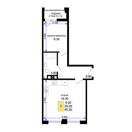 1 комнатная 40.3м²