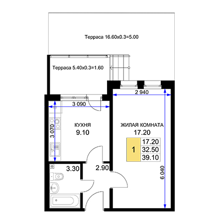 1 комнатная 39.1м²