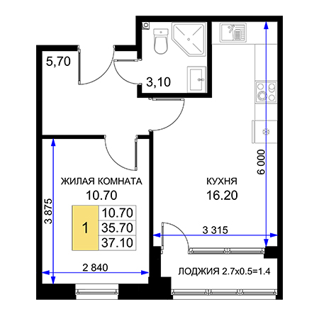 1 комнатная 37.1м²