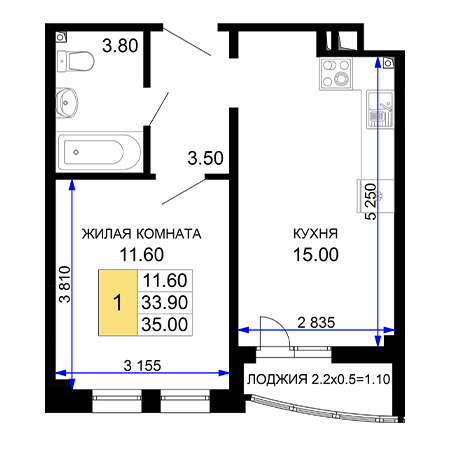 1 комнатная 35м²