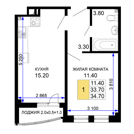 1 комнатная 34.7м²