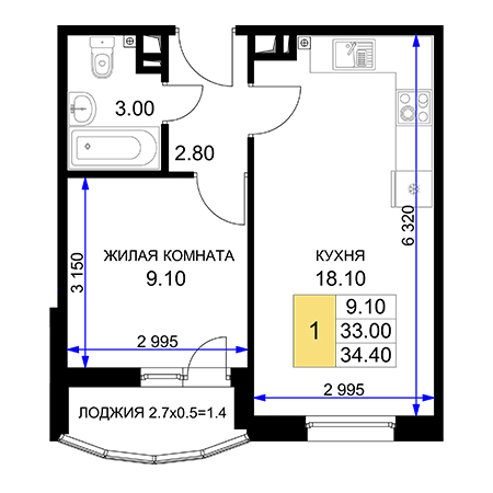 1 комнатная 34.4м²