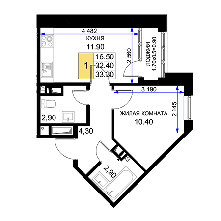 1 комнатная 33.3м²