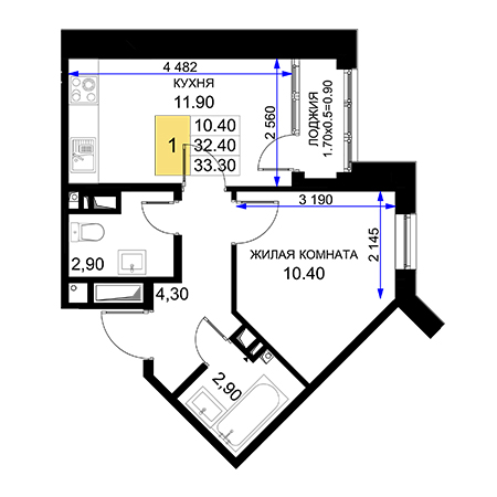 1 комнатная 33.3м²