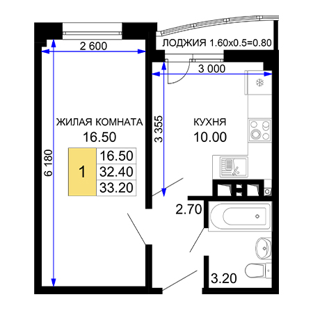 1 комнатная 33.2м²