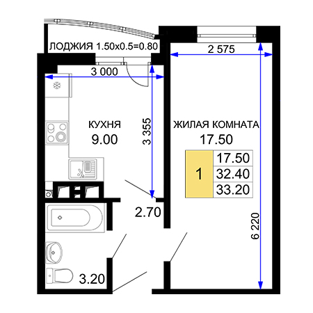 1 комнатная 33.2м²