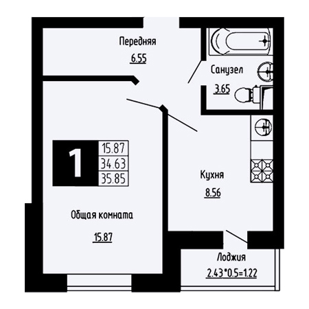 1 комнатная 35.85м²